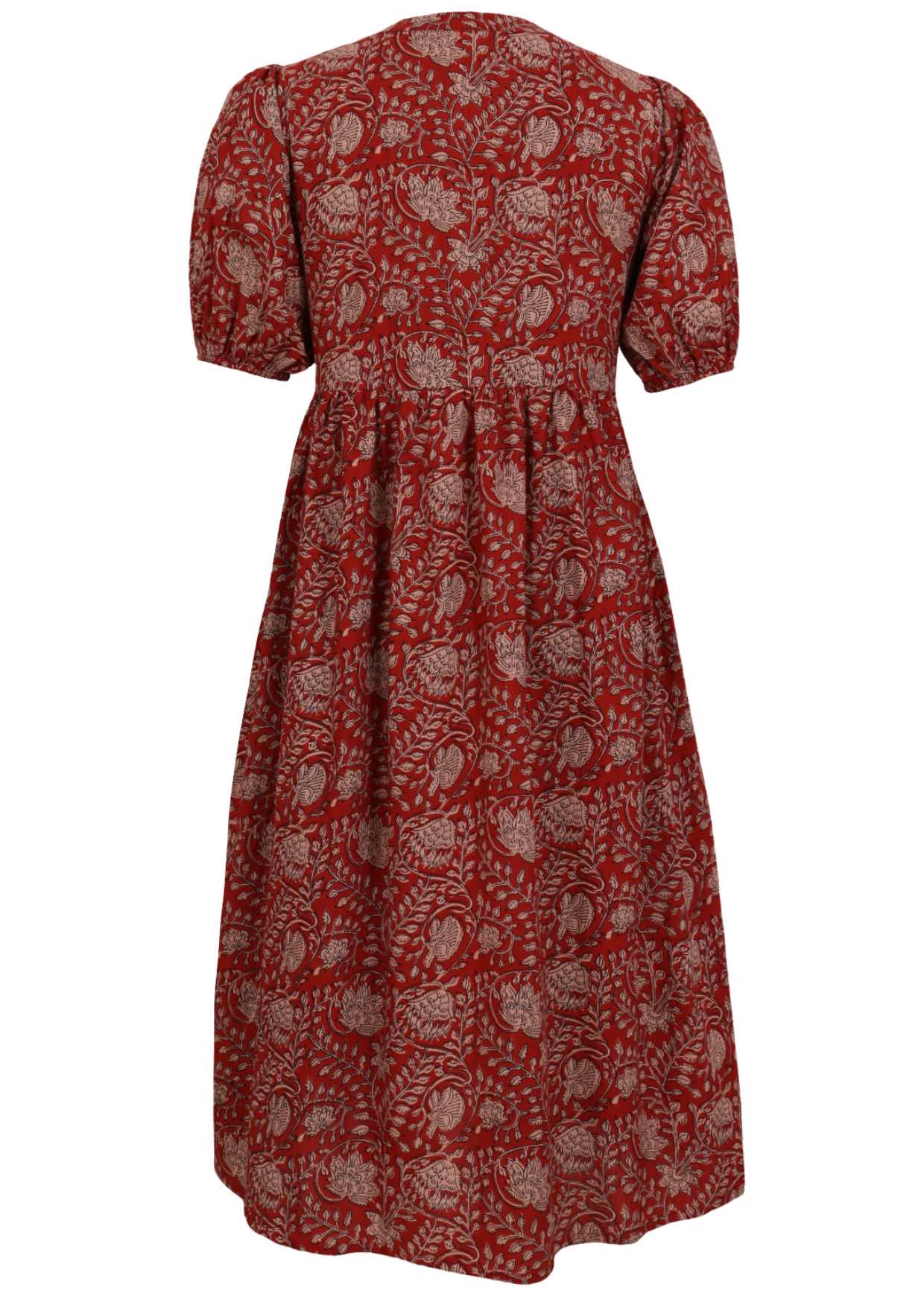 Back view of red based floral print cotton midi length button through dress with voluminous sleeves with elastic in the cuff