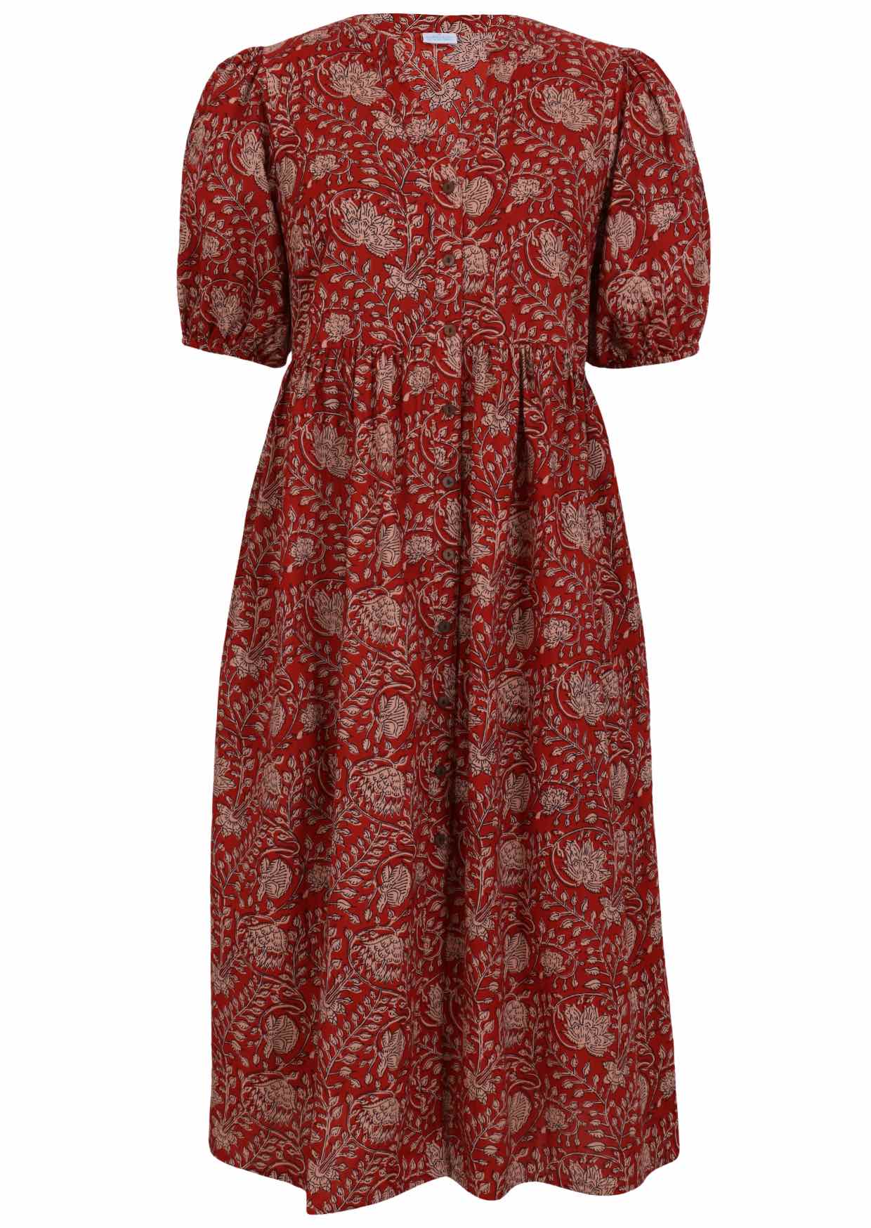 red based floral print cotton midi length button through dress with voluminous sleeves and V-neckline