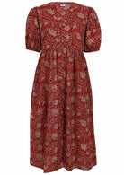 red based floral print cotton midi length button through dress with voluminous sleeves and V-neckline