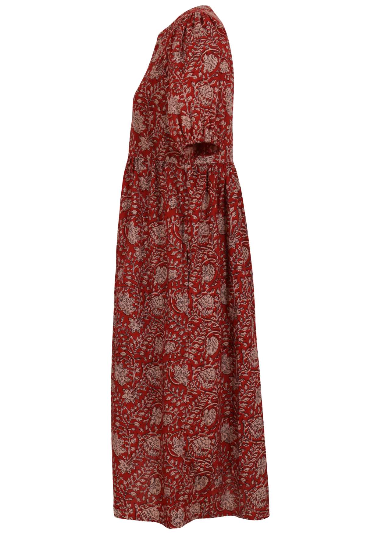 Side view of red based floral print cotton midi length button through dress with voluminous elbow length sleeves
