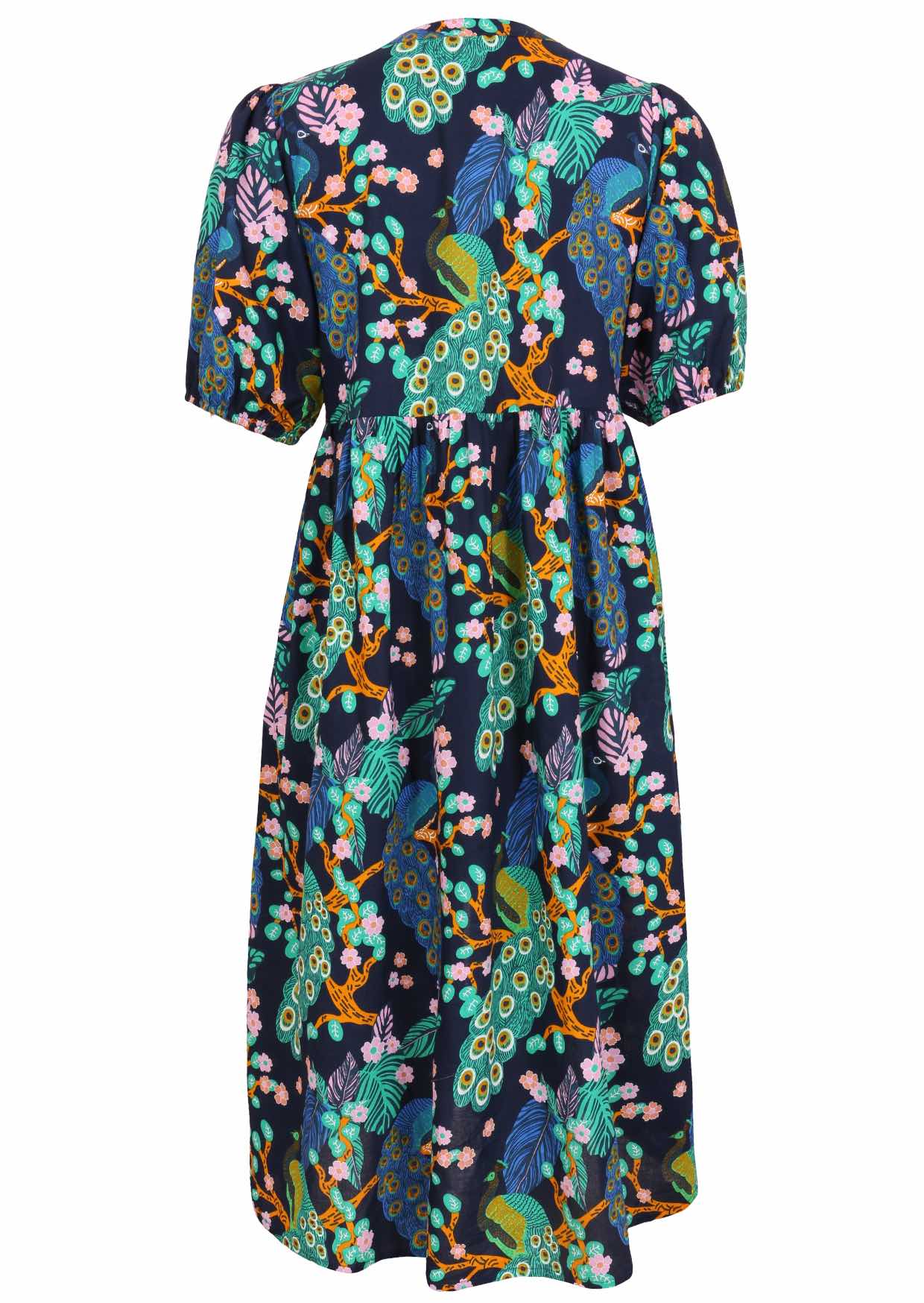 100% Cotton floral shin length dress in navy blue with empire waistline, pockets and mandarin collar