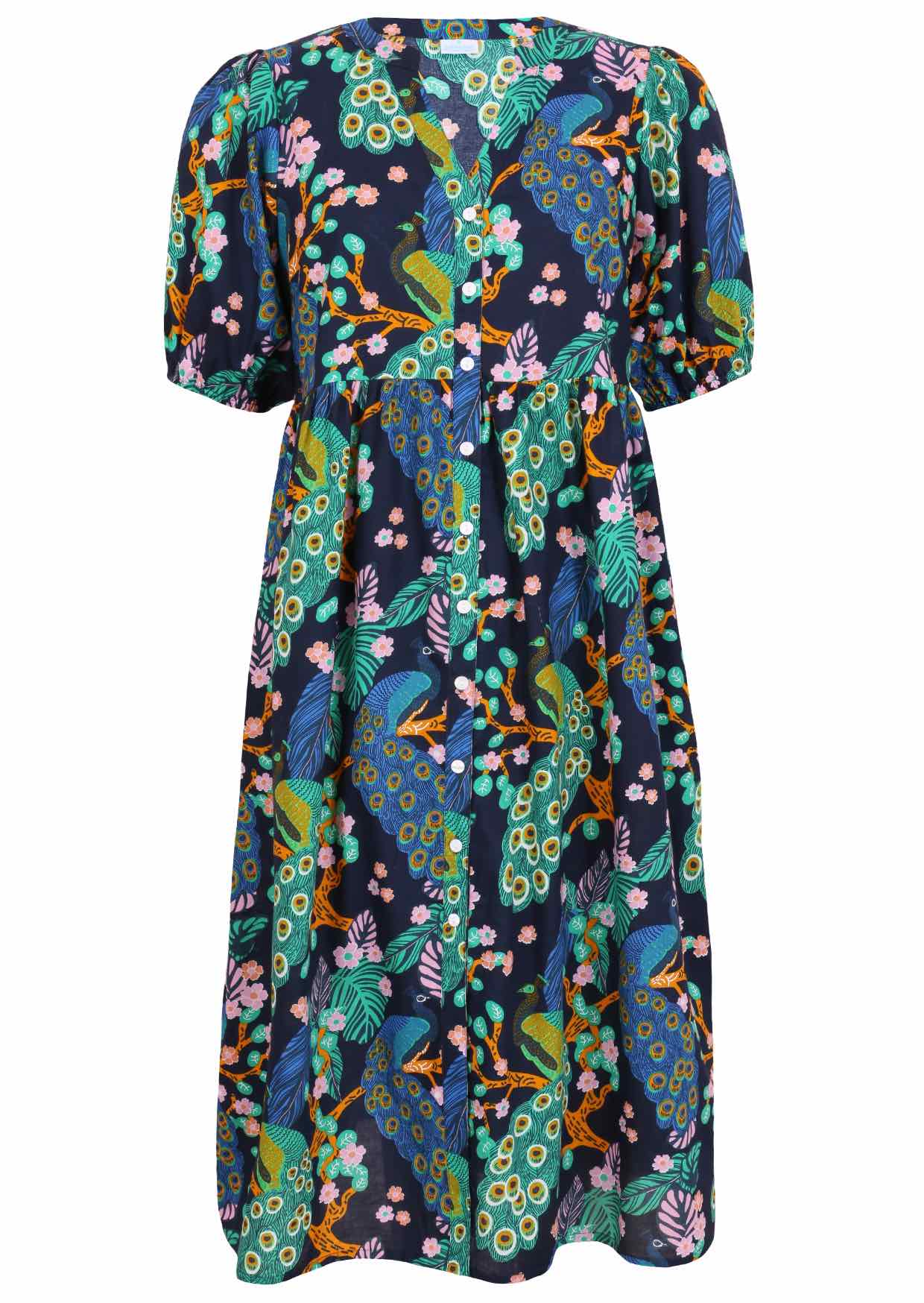 100% Cotton navy blue floral, button through dress with elbow length sleeves and pockets.