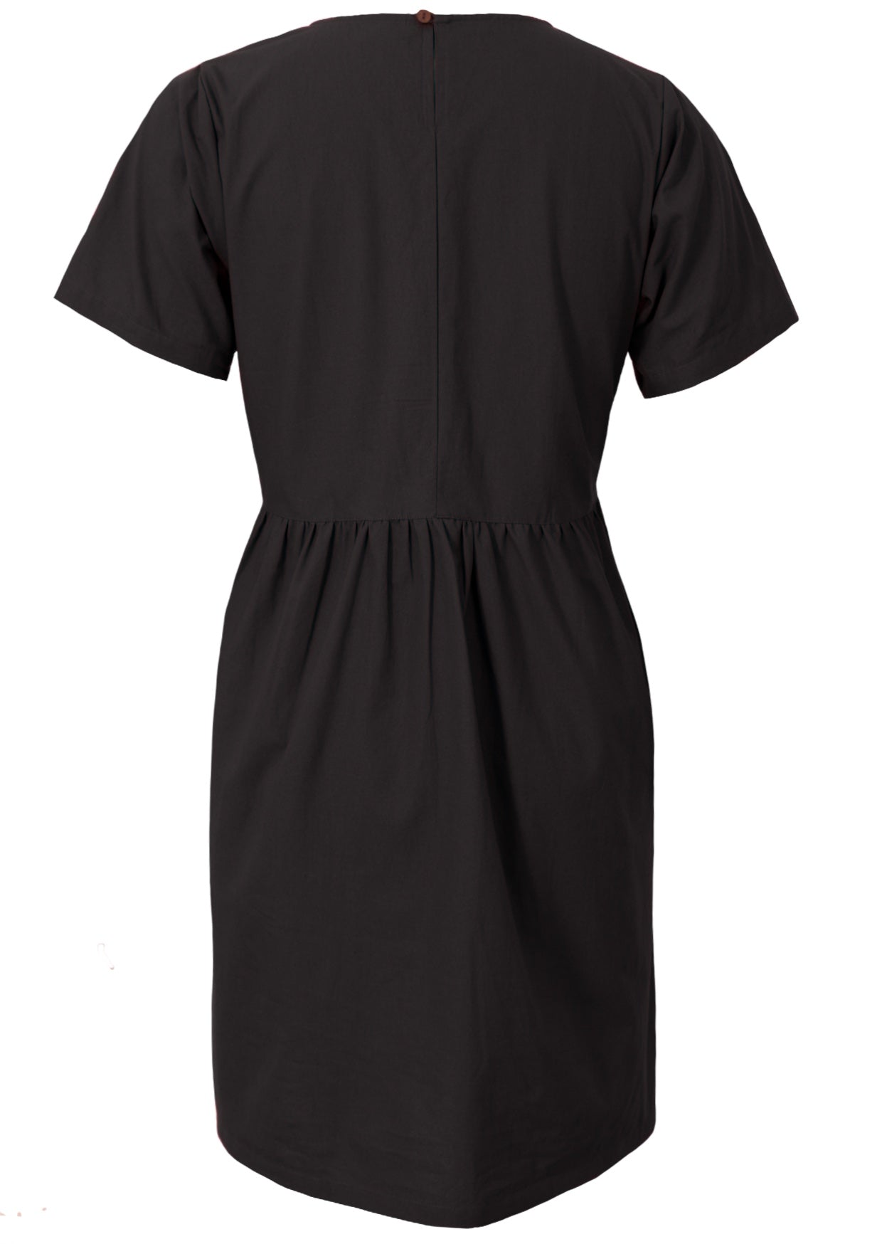 Back view of loose fitting black cotton dress with short sleeves, back split and button clasp at the back neckline