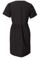 Back view of loose fitting black cotton dress with short sleeves, back split and button clasp at the back neckline