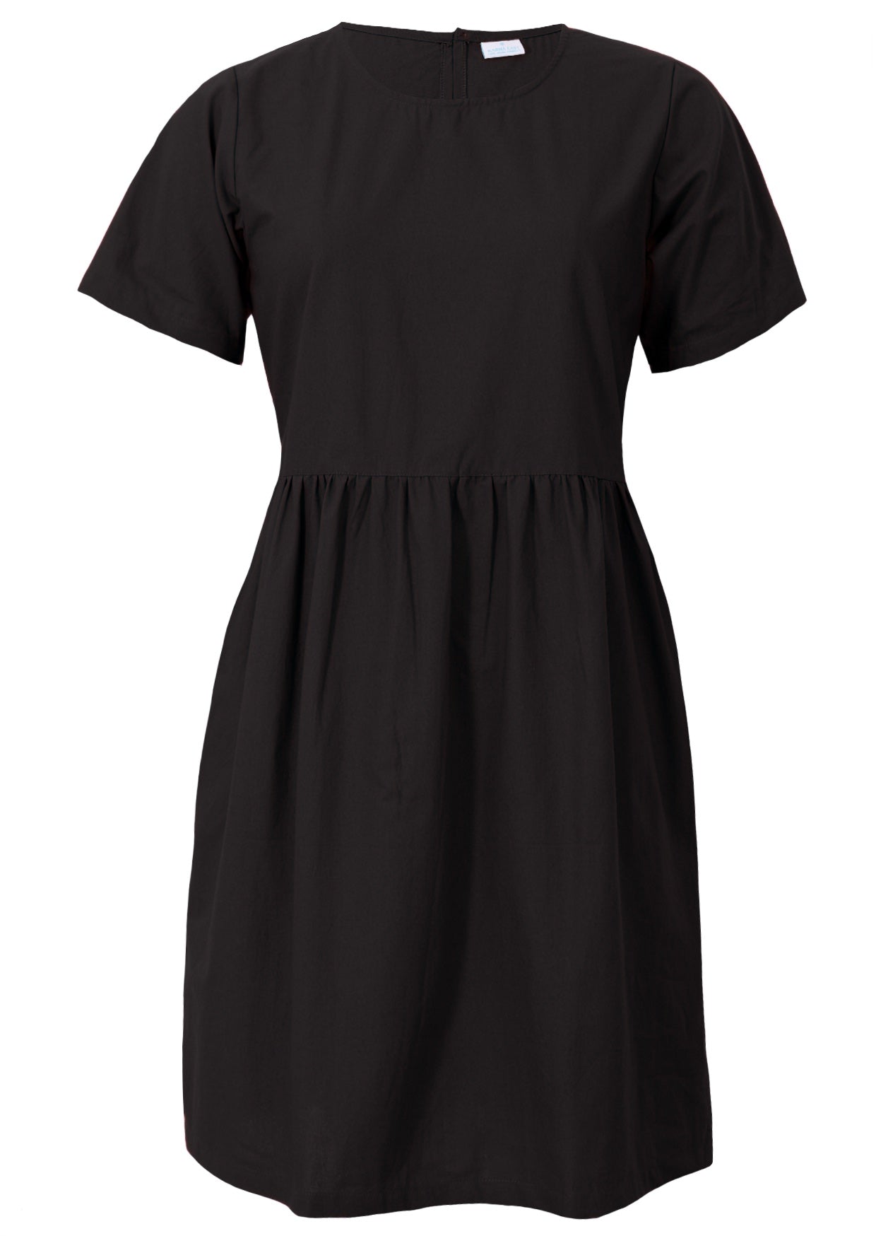 Loose fitting above knee length plain black cotton dress with short sleeves, high round neckline and pockets