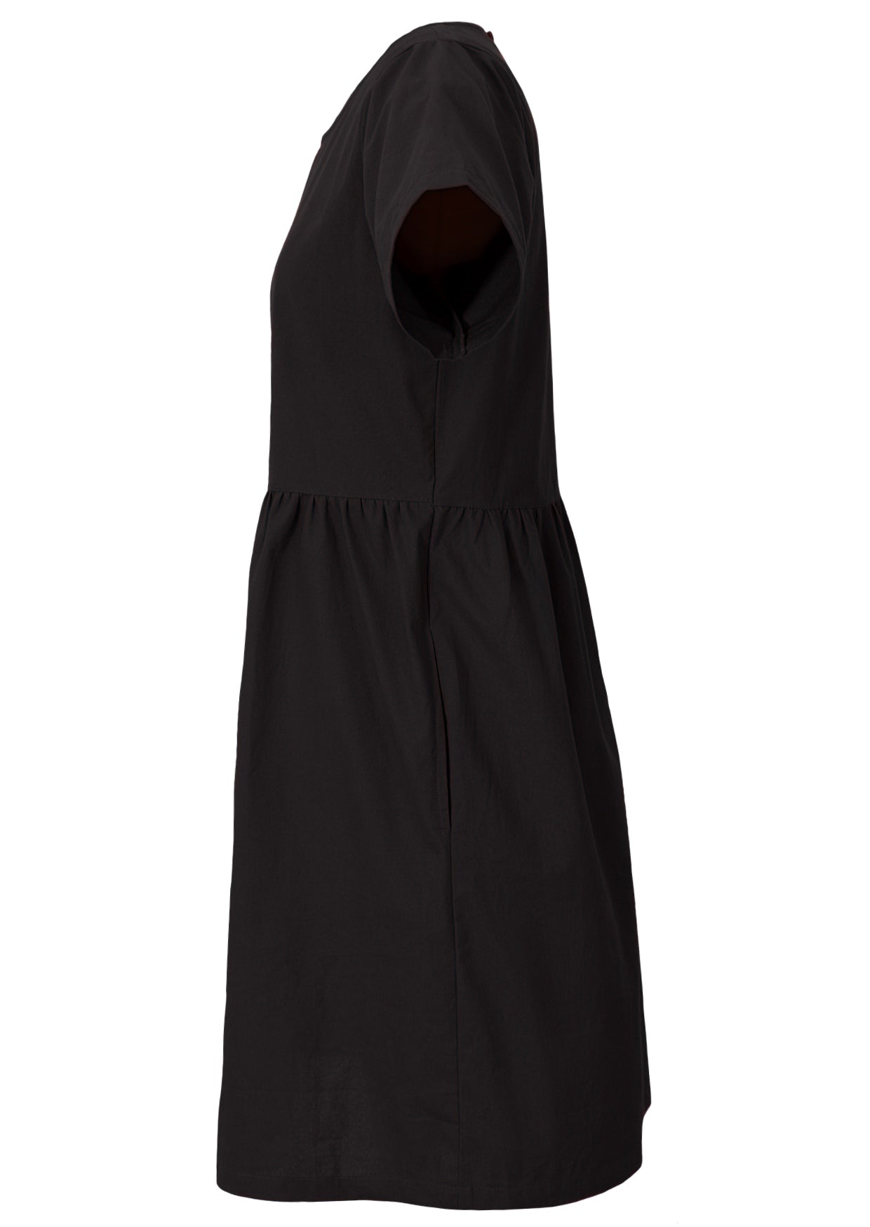 100% cotton plain black above knee length dress with short sleeves, pockets and small pin tucks at the waist