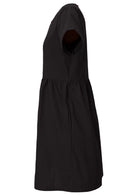 100% cotton plain black above knee length dress with short sleeves, pockets and small pin tucks at the waist