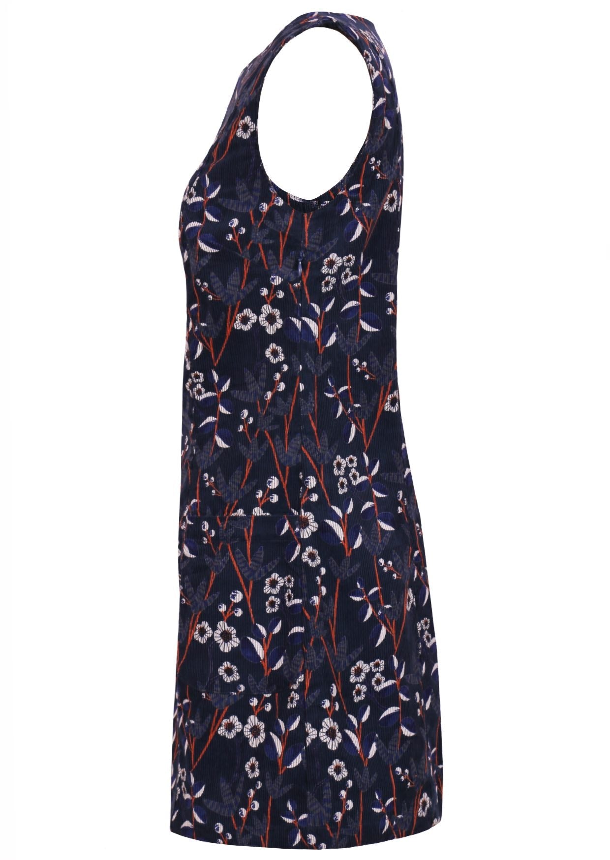 Cotton corduroy sleeveless tunic with fun retro floral print on a dark base, with pockets
