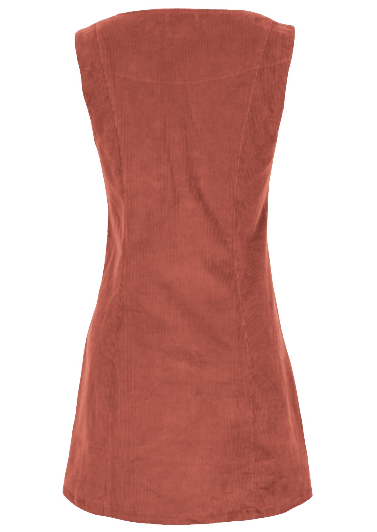 Back mannequin photo of cotton corduroy sleeveless tunic in burnt henna