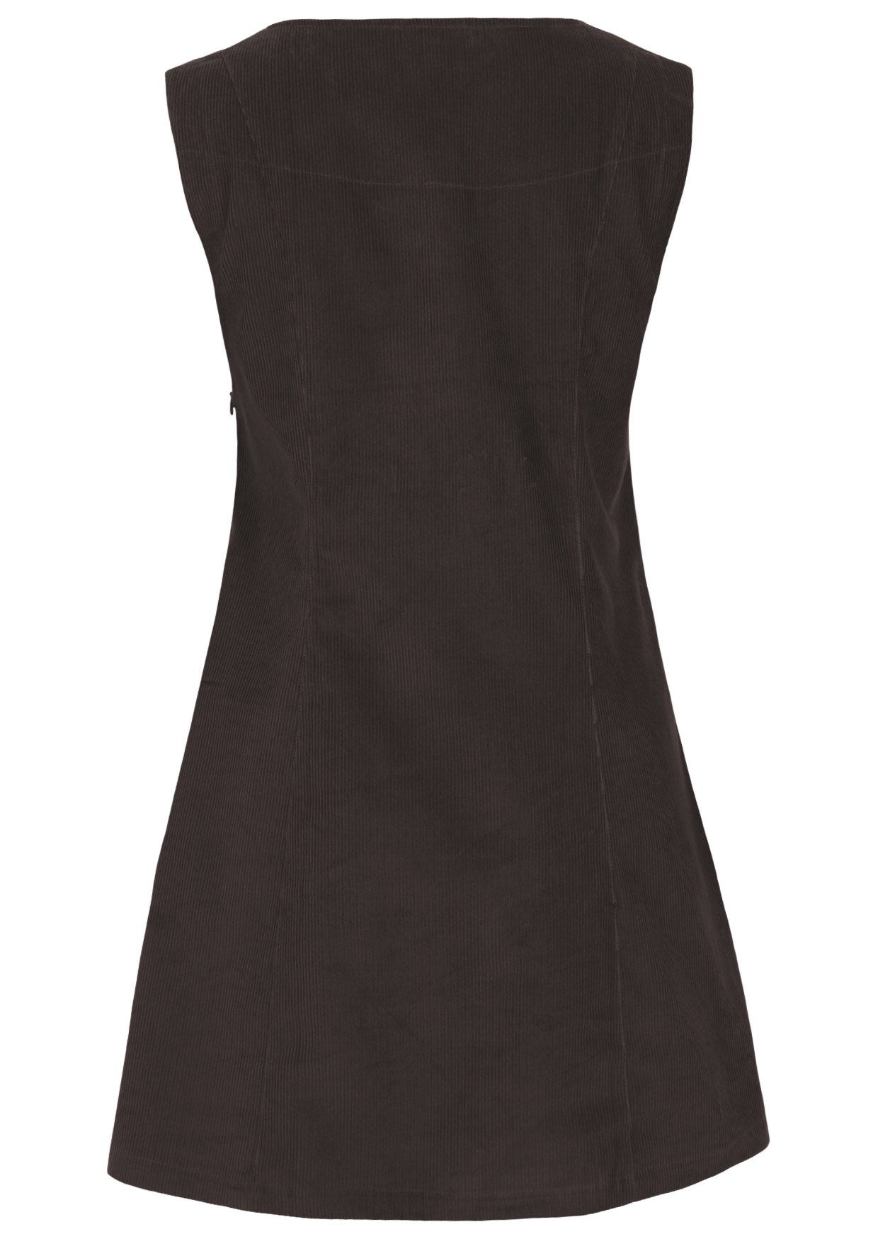 Back photo of cotton corduroy sleeveless tunic in Ganache 