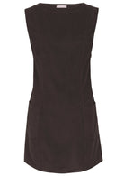 Front photo of cotton corduroy tunic in Ganache with boat neck and front pockets