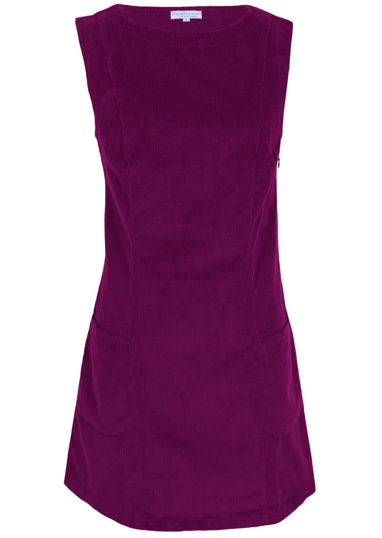 Front mannequin photo of cotton corduroy tunic in plum purple colour with boat neck and front pockets