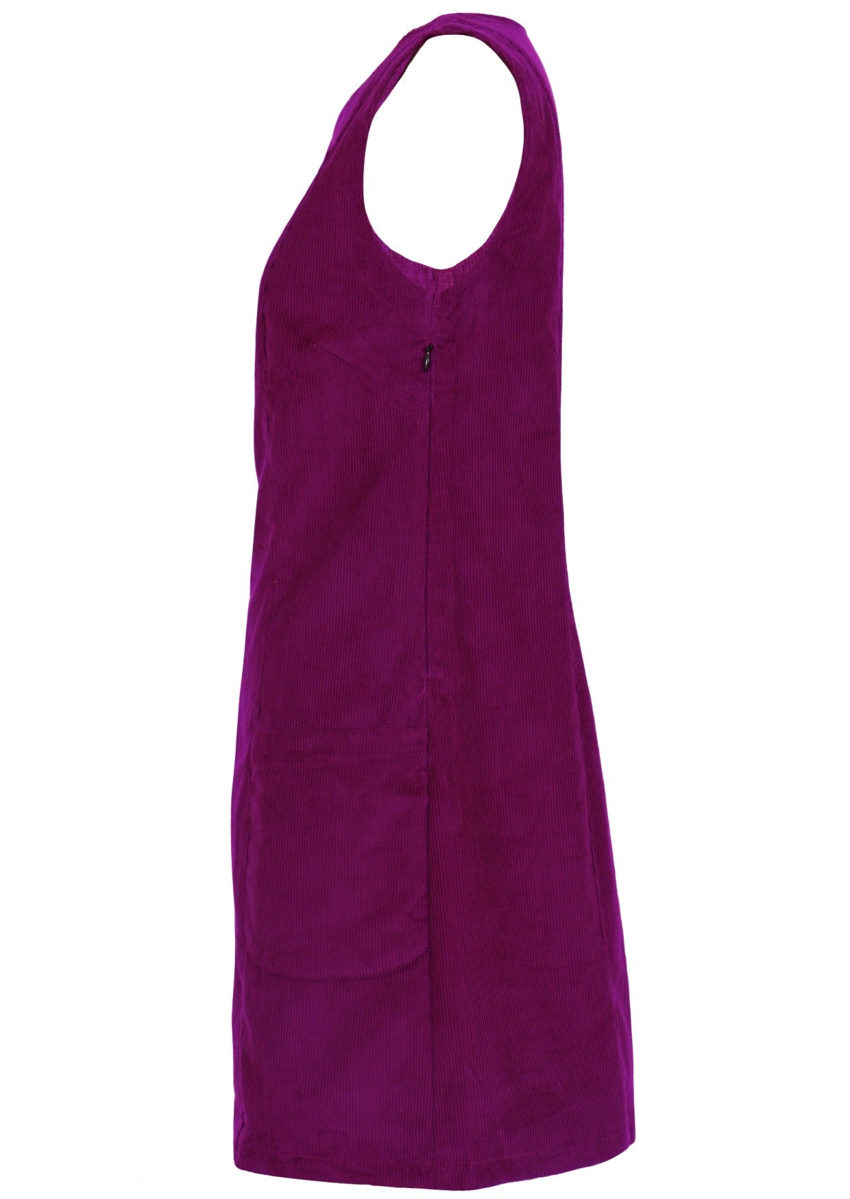 Side mannequin photo of cotton corduroy sleeveless tunic in plum purple colour with side zip