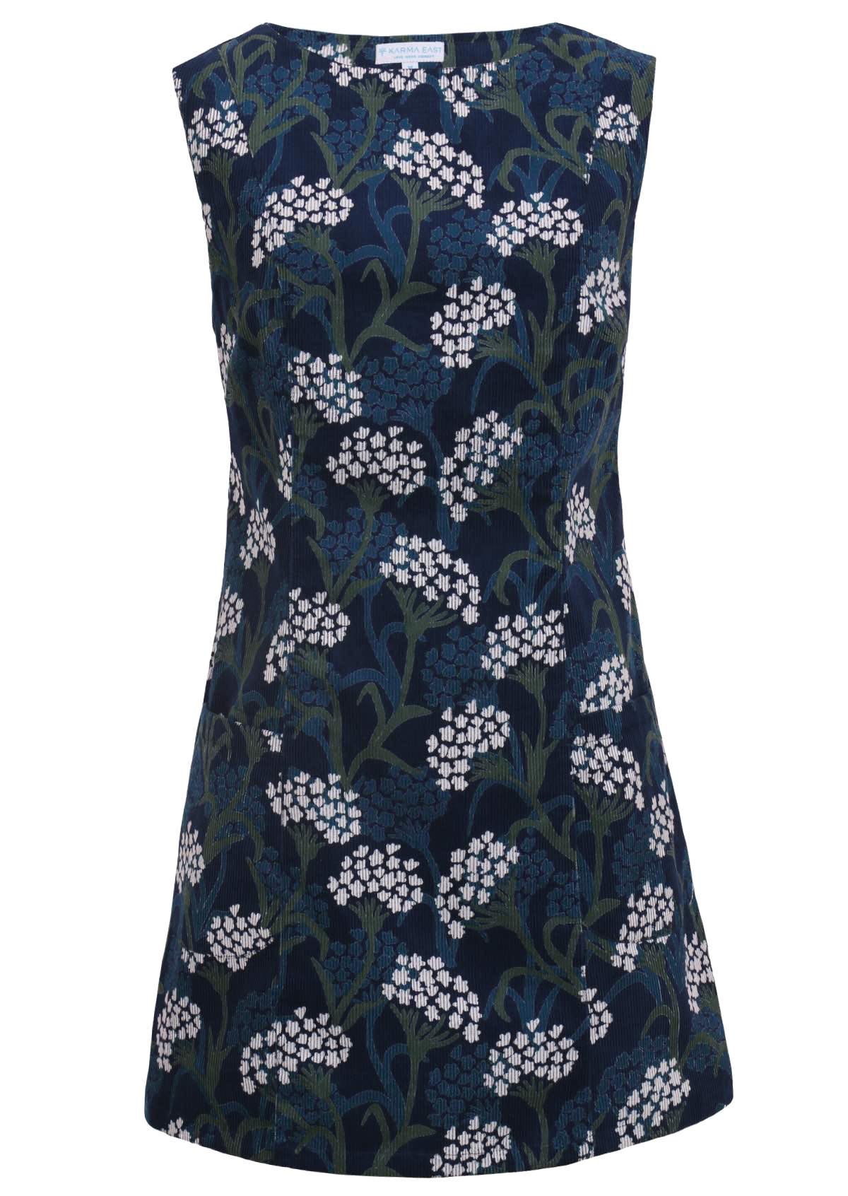 Floral white and green yarrow print on a blue base, 100% cotton corduroy tunic