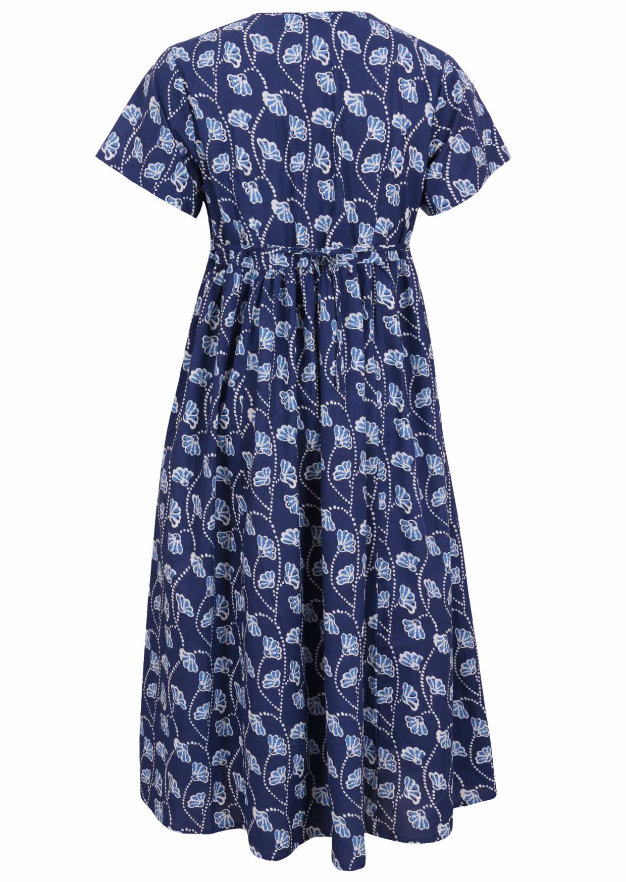 Back view of navy blue based floral print V-neck cotton dress with pockets.