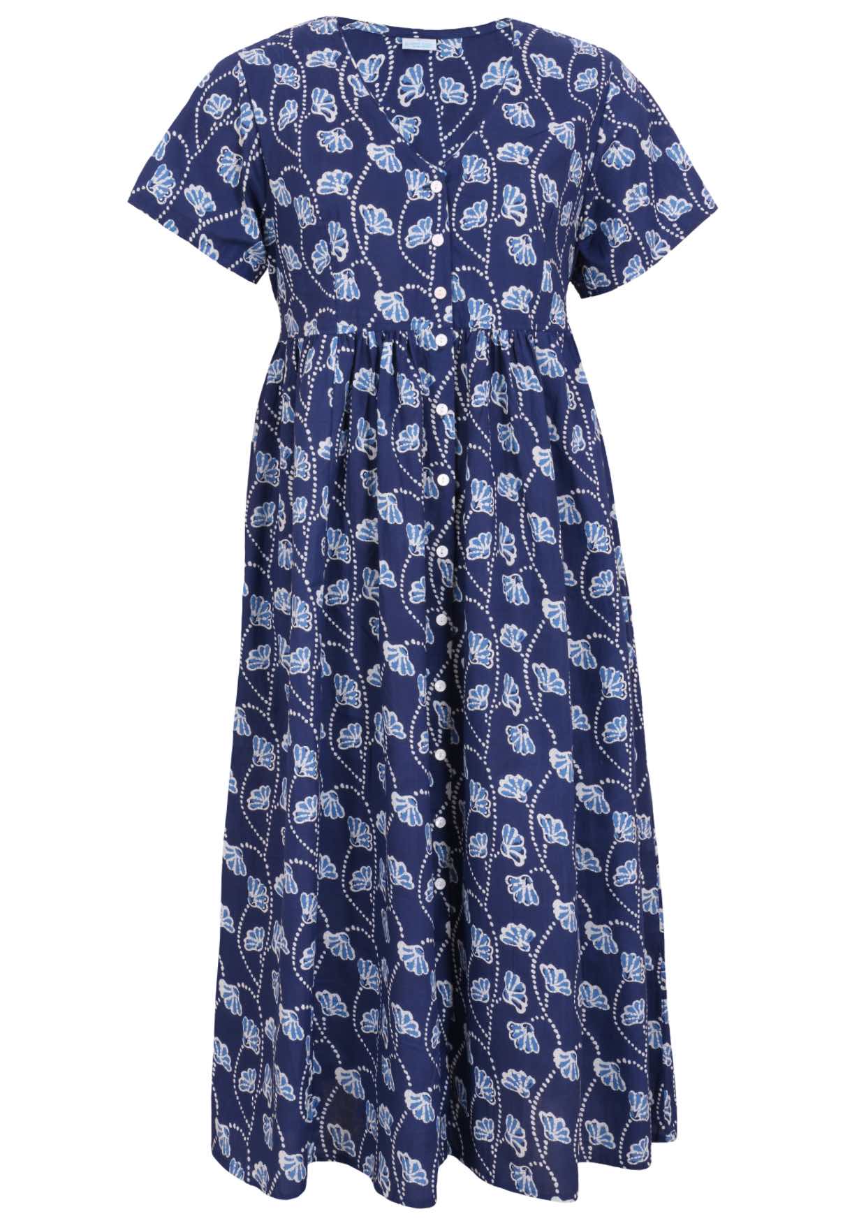 Front view of navy blue based floral print V-neck cotton dress.