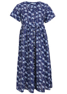 Front view of navy blue based floral print V-neck cotton dress.