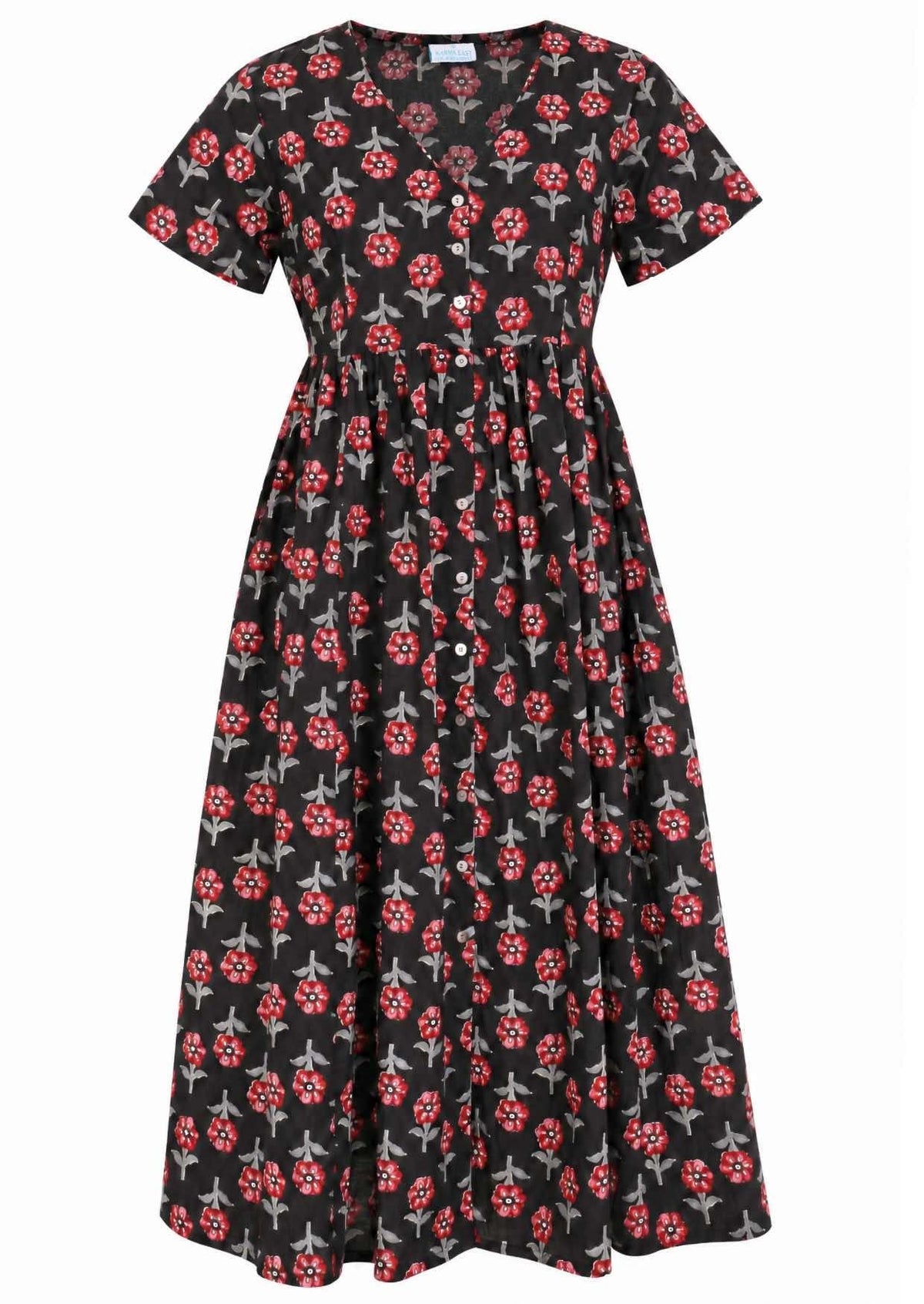 Front view of black based floral print V-neck cotton dress.