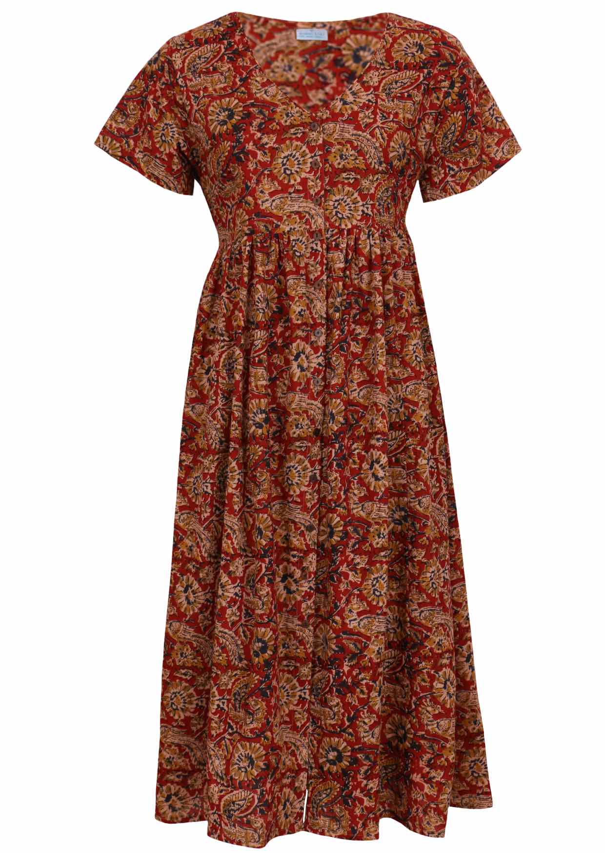 Lightweight cotton maxi dress with short sleeves, V neckline and buttons through the knees.