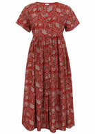 Red based floral print V-neck cotton dress.