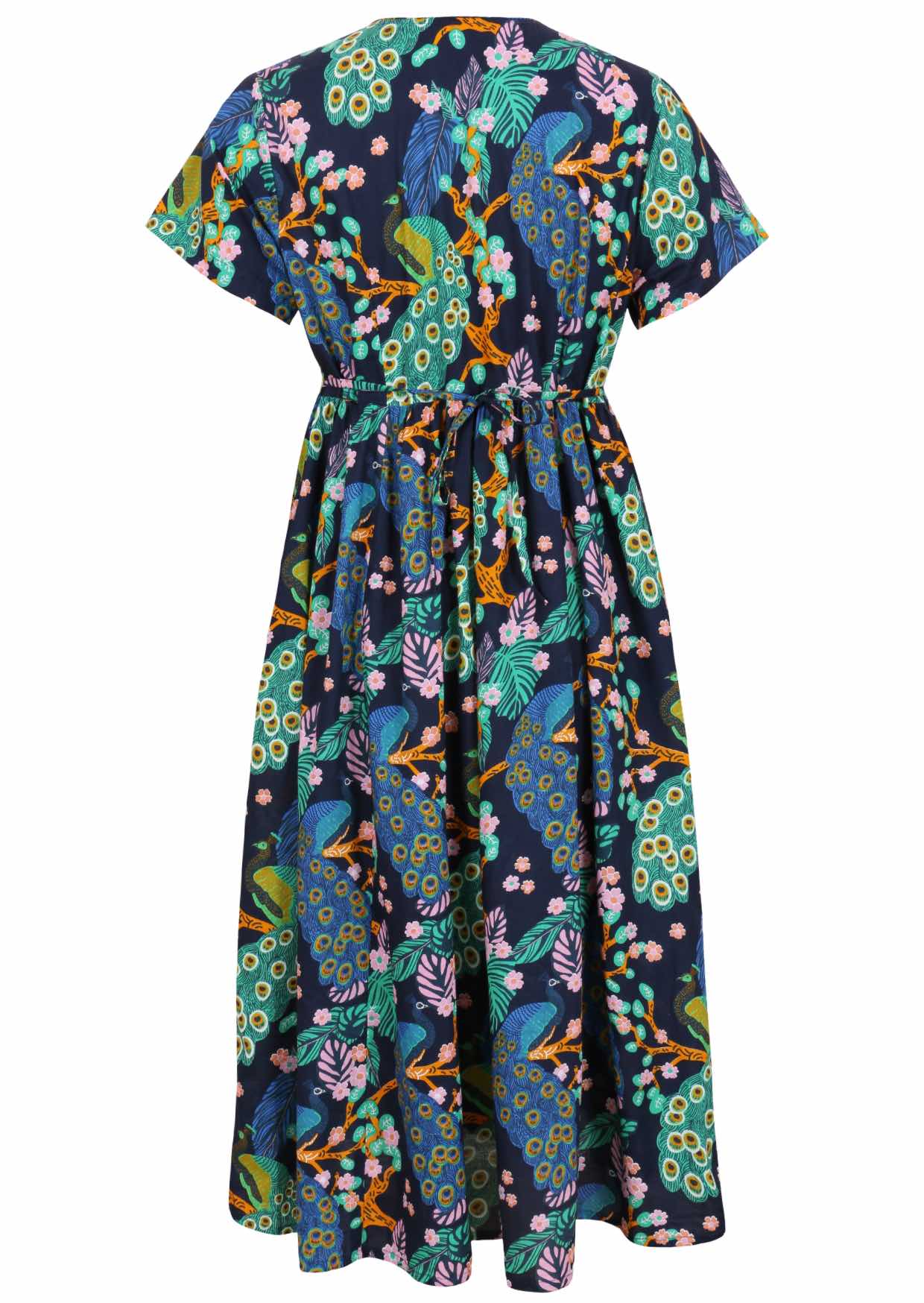 Back view of navy blue based floral print V-neck cotton dress with pockets.