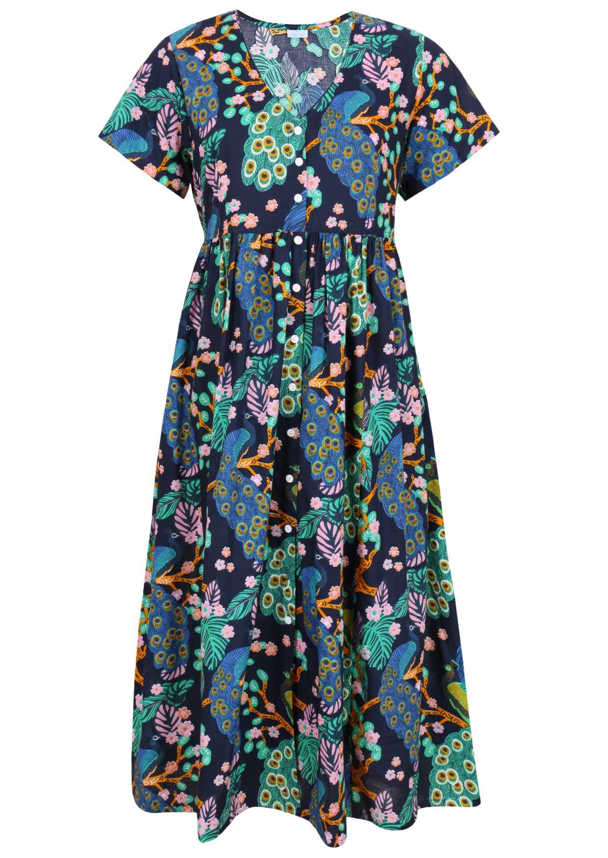 Front view of navy blue based floral print V-neck cotton dress.