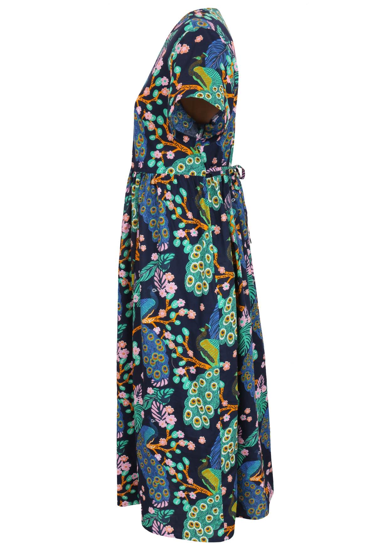 Side view of navy blue based floral print V-neck cotton dress with pockets.