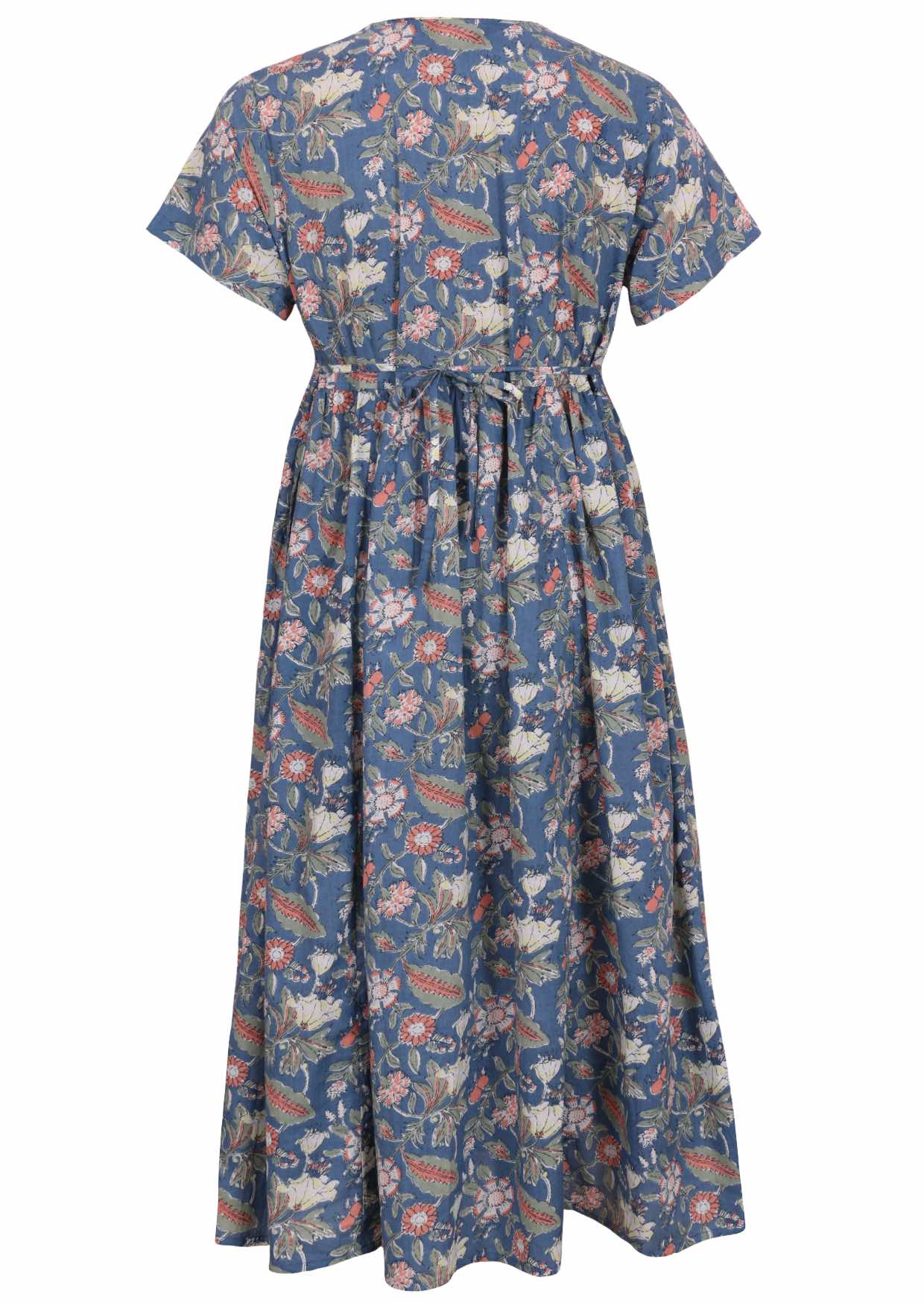 Dusty blue based floral cotton midi length dress with short sleeves and thin waist ties