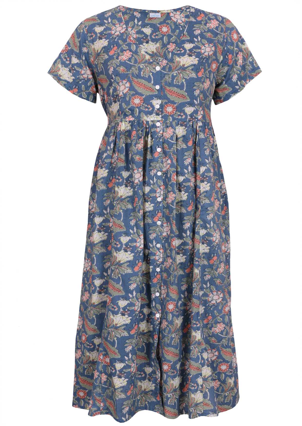 Dusty blue based floral cotton midi length button through dress with short sleeves and a V-neckline