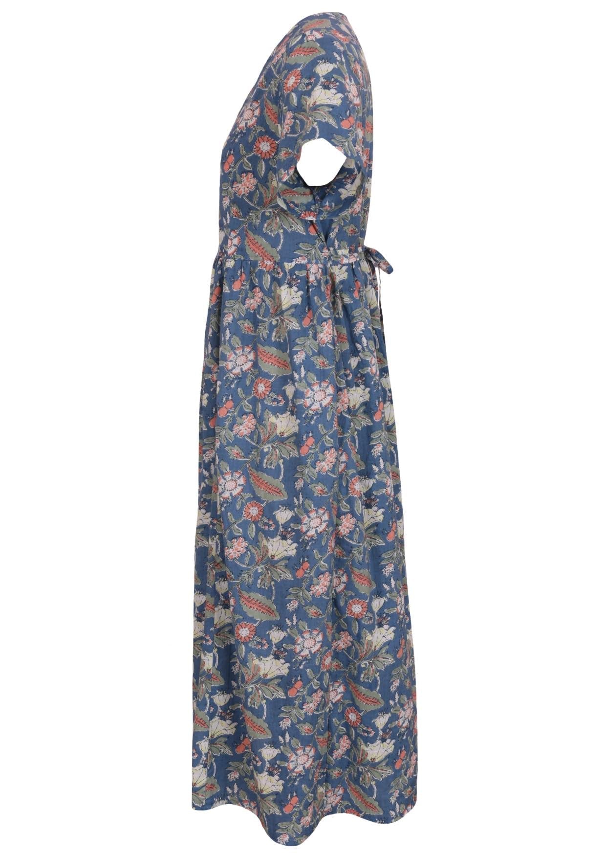 Dusty blue based floral cotton midi length dress with short sleeves and thin waist ties