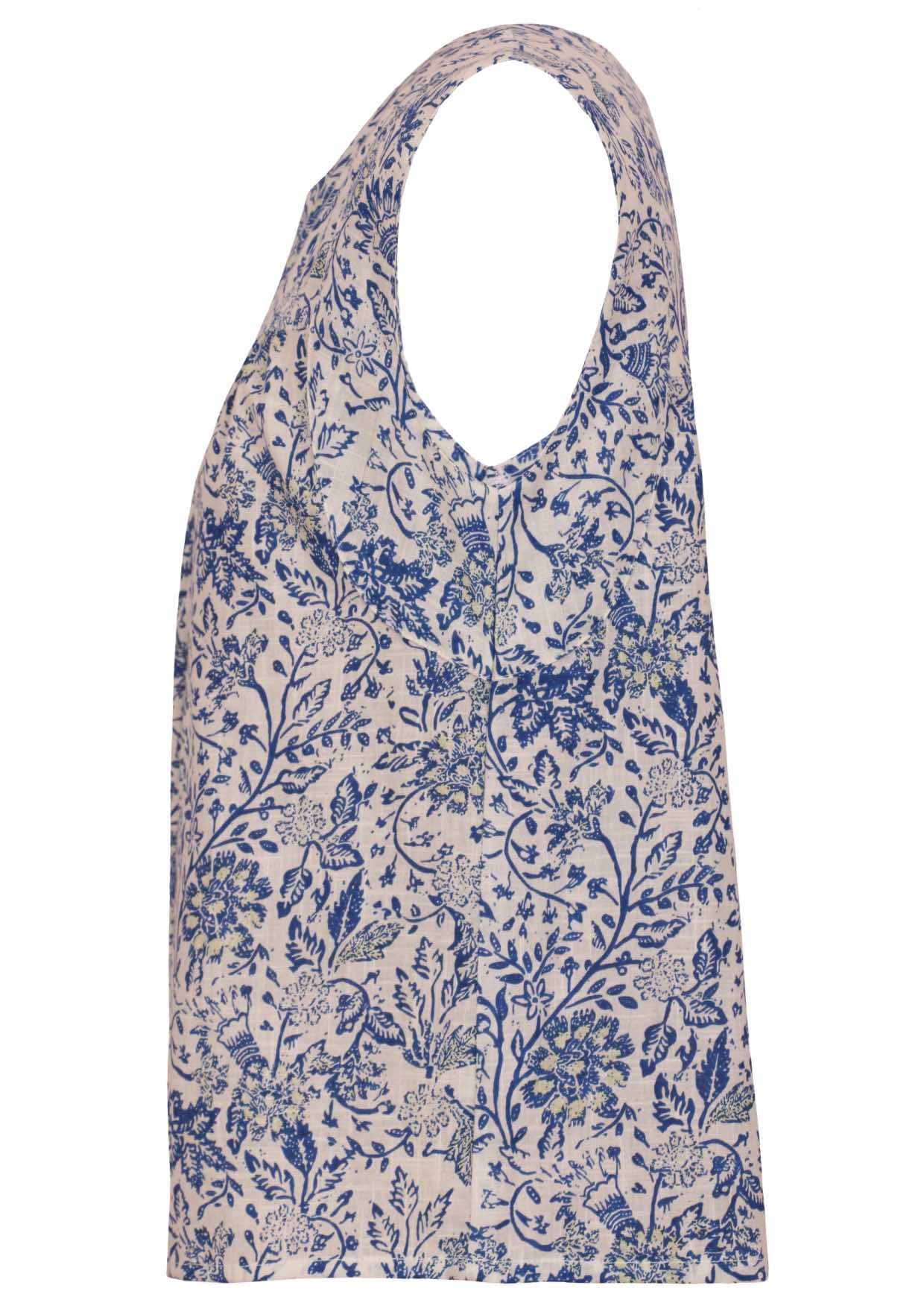 Cap sleeves cotton top with white based blue floral print on a white background.