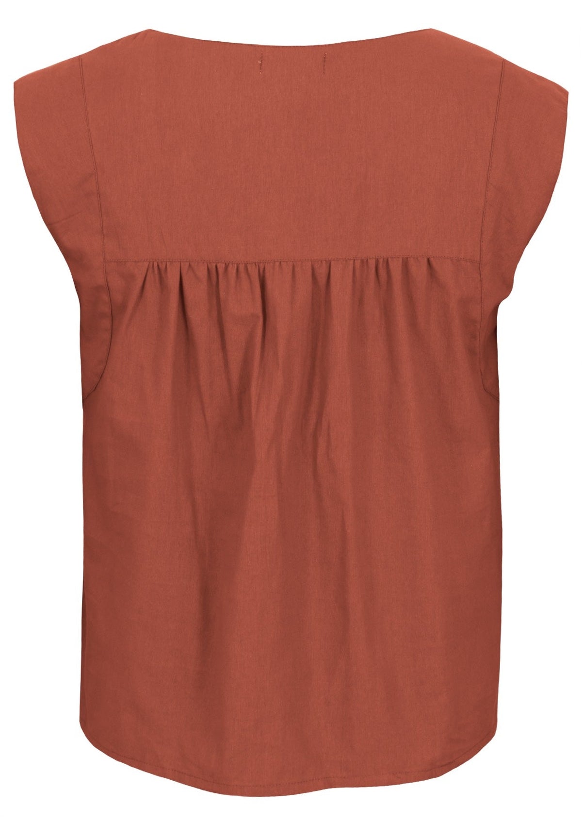 Back mannequin photo of cotton sleeveless top with gathers across shoulder blades, in rust shade