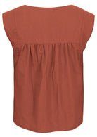 Back mannequin photo of cotton sleeveless top with gathers across shoulder blades, in rust shade