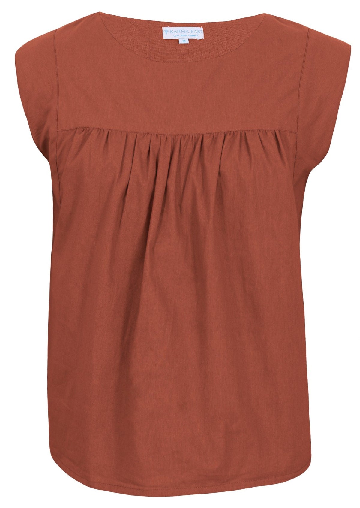 Front mannequin photo of cotton sleeveless top with gathers over bust, in rust shade