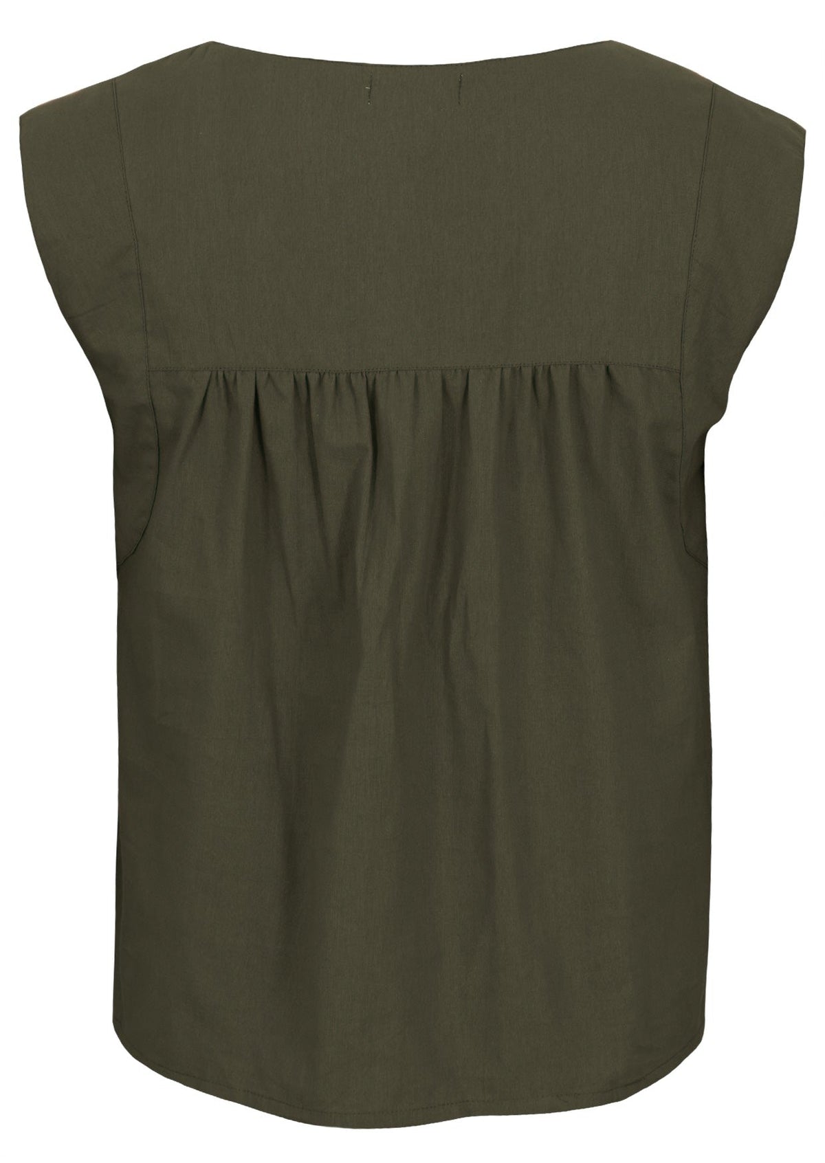 Back mannequin photo of cotton sleeveless top with gathers across shoulder blades, in olive green shade