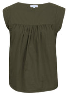 Front mannequin photo of cotton sleeveless top with gathers over bust, in olive green shade