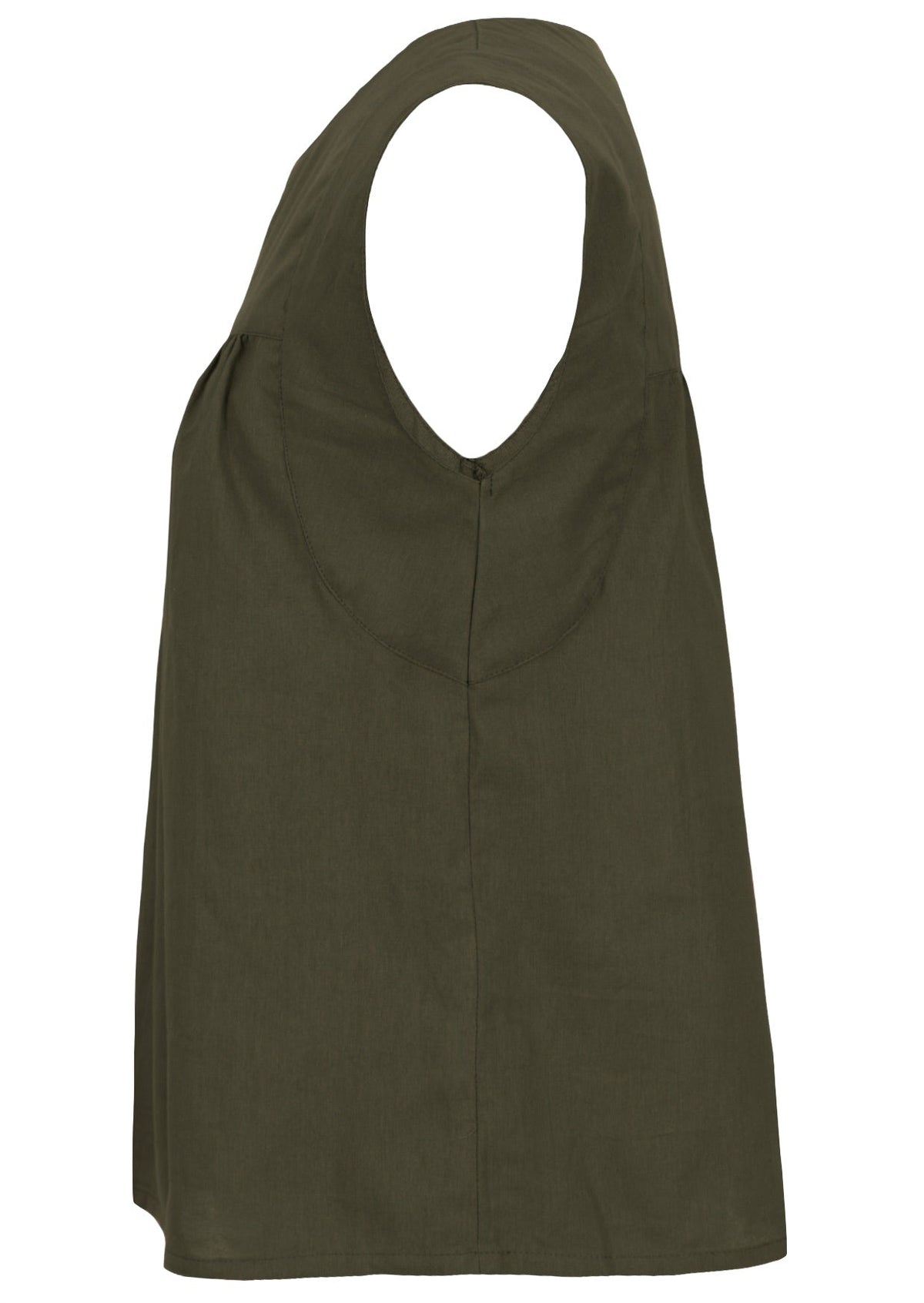 Side mannequin photo of cotton sleeveless top with gathers over bust, in olive green shade