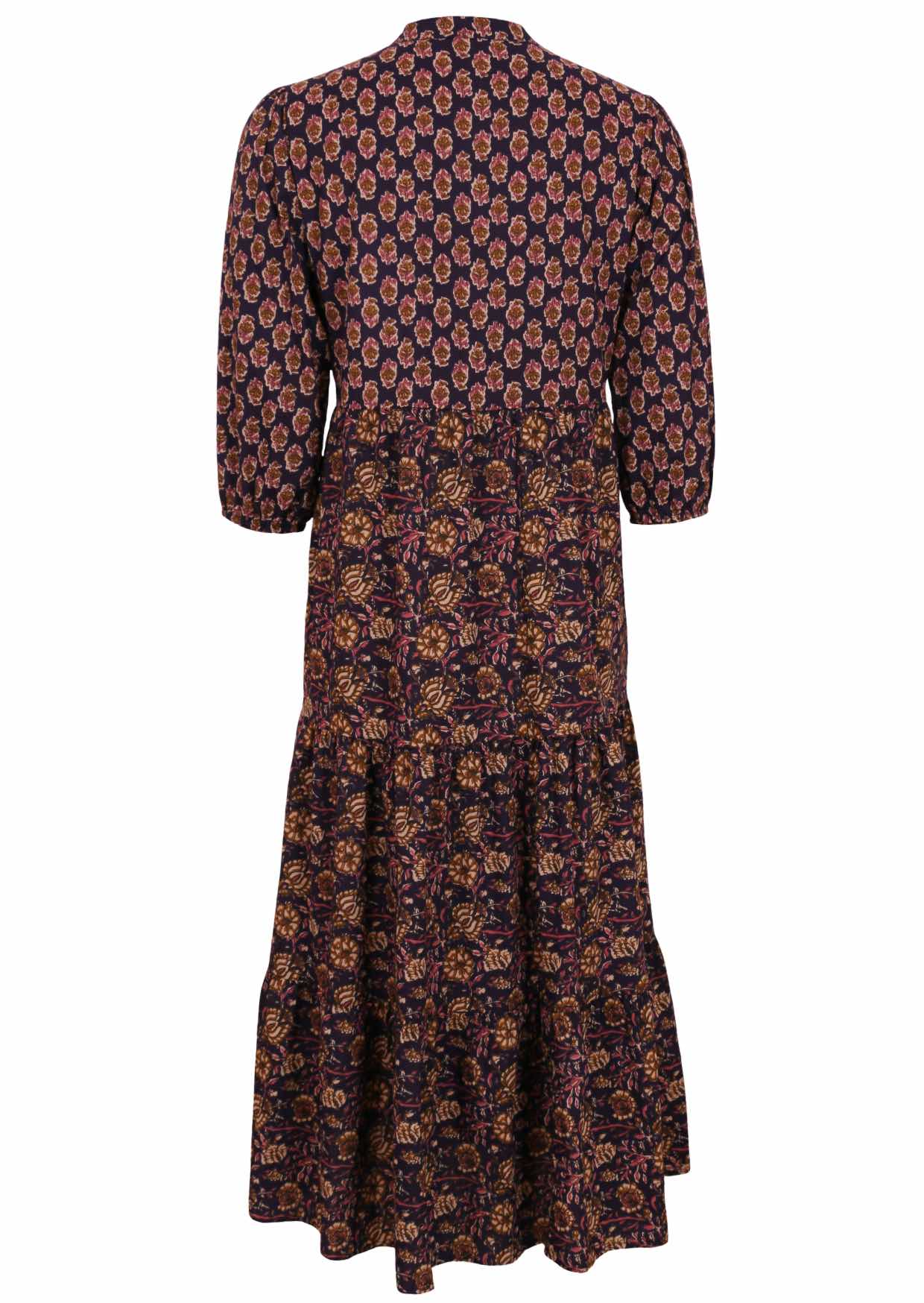 100% cotton tiered maxi dress with combination of two purple based floral prints.