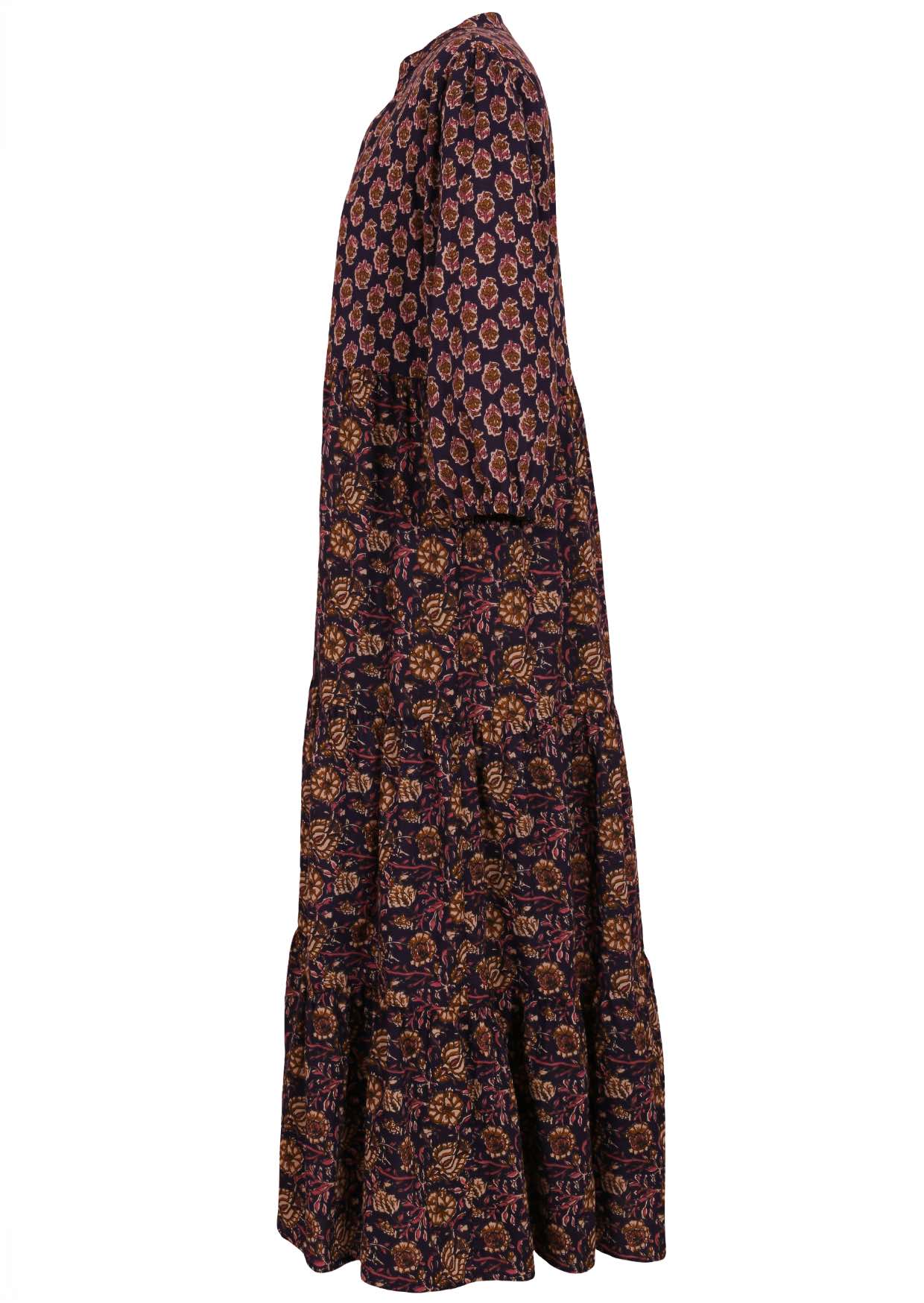 Side image of two toned floral maxi dress in dark purple with 3/4 sleeves and pockets.