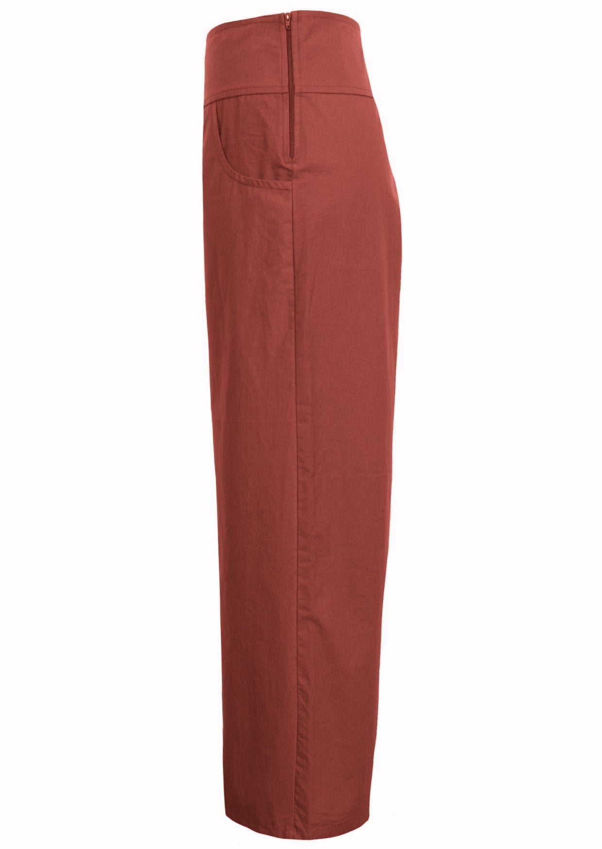 Rust coloured cotton wide-leg pants with pockets and a side zip