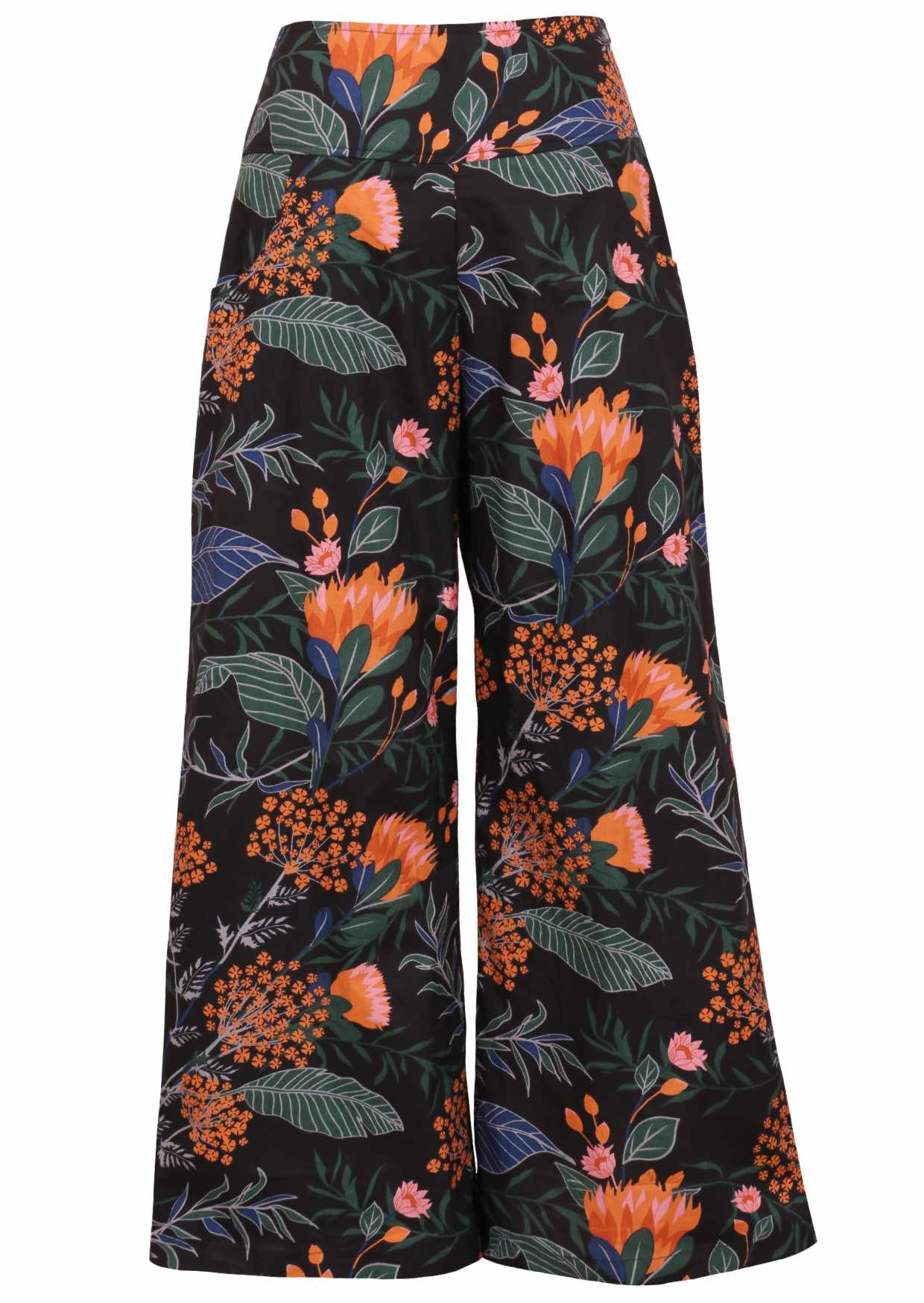 100% cotton high waisted wide leg cotton pants with wide flat waistband, side zipper and pockets.