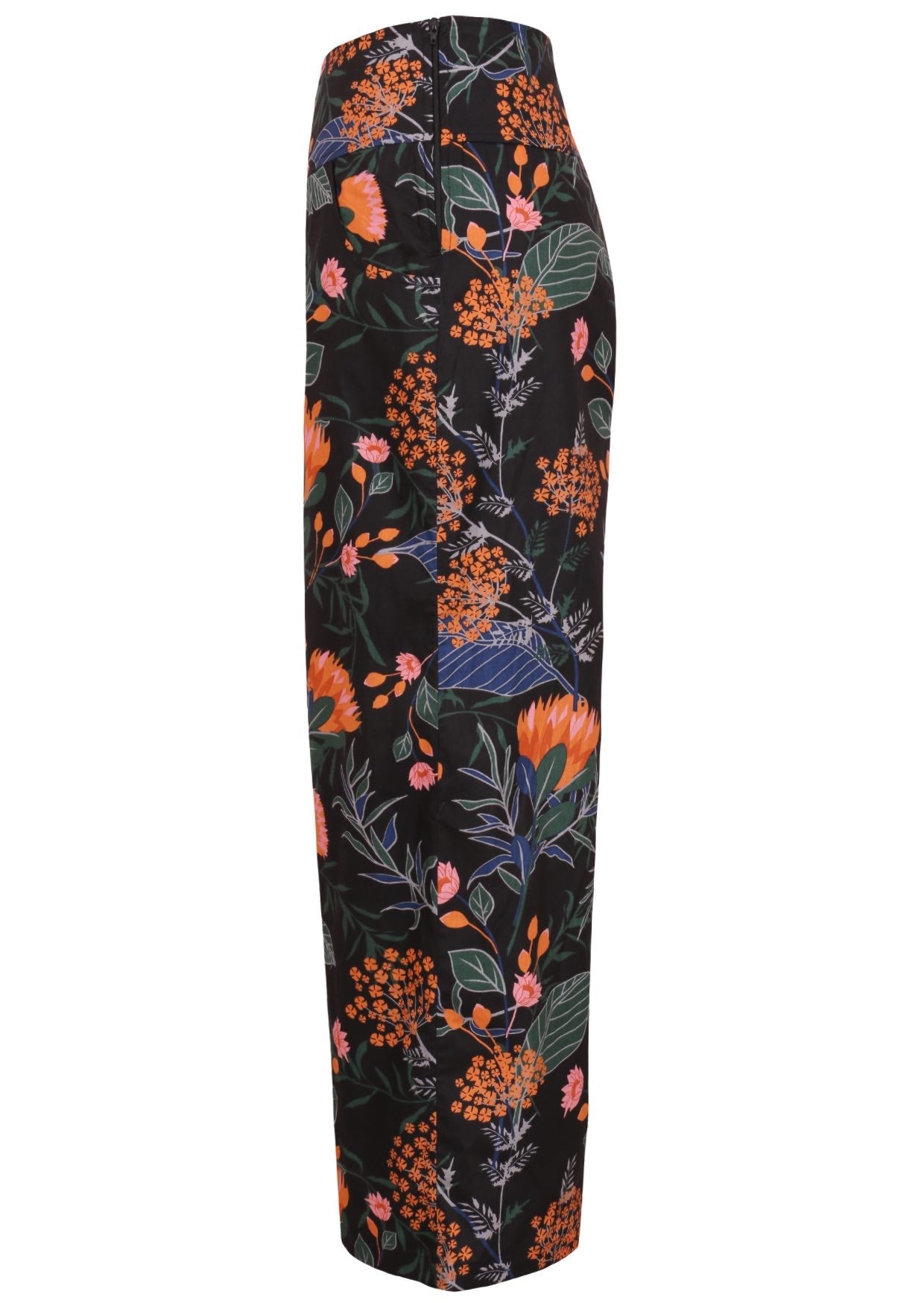 Side view of high waisted, wide leg 100% cotton pants with pockets in beautiful botanic print queen protea on black base