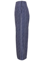 Side view of women's 100% cotton wide leg pant in navy blue based print with pockets