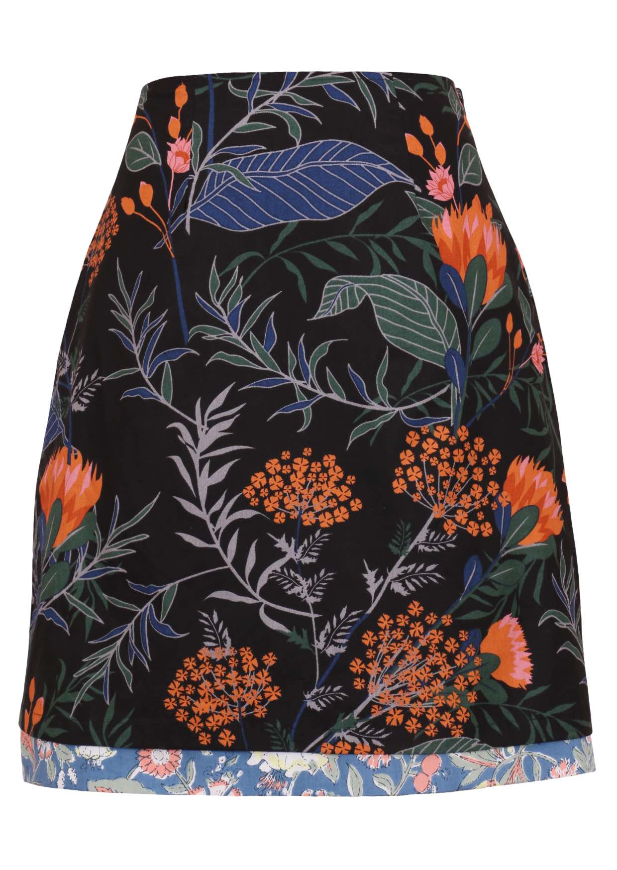 100% cotton floral printed reversible mid length skirt in black based botanic print  and side zipper