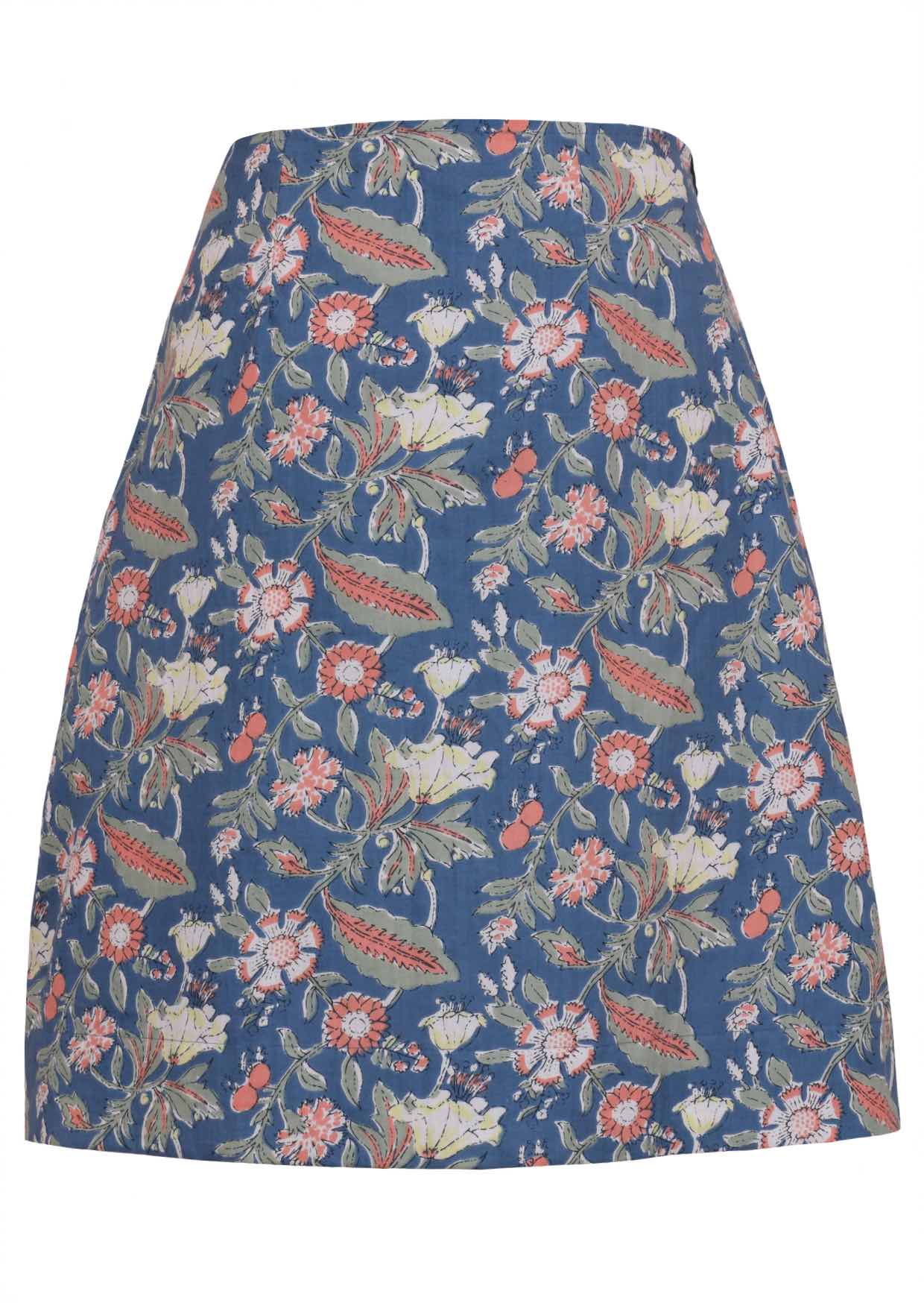 100% cotton mid length reversible skirt with side zipper in dusty blue based floral print 