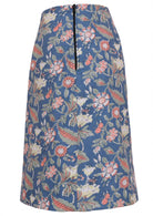 Side view of 100% cotton reversible skirt in dusty blue floral print with side sipper 