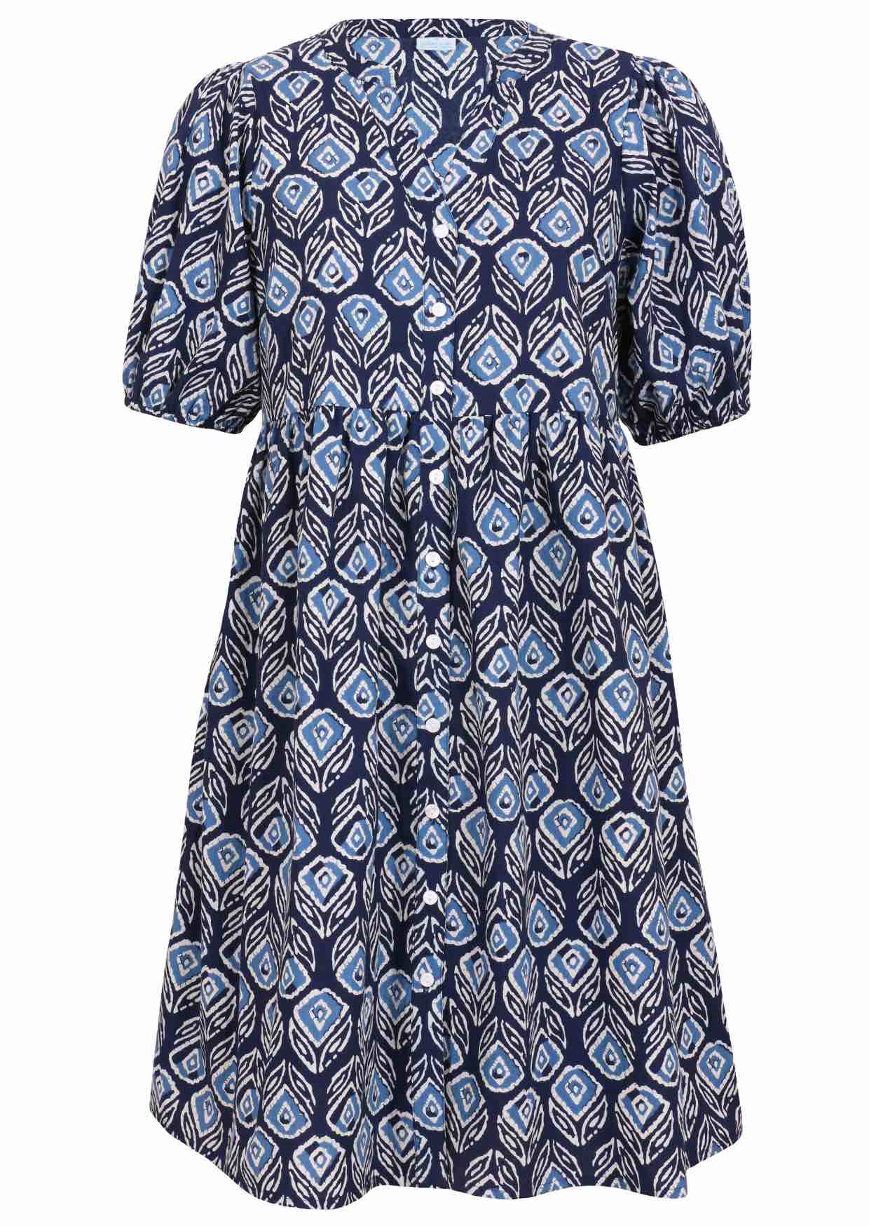 V-neck cotton dress with white stripes on a navy base