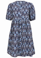 V-neck cotton dress with white stripes on a navy base