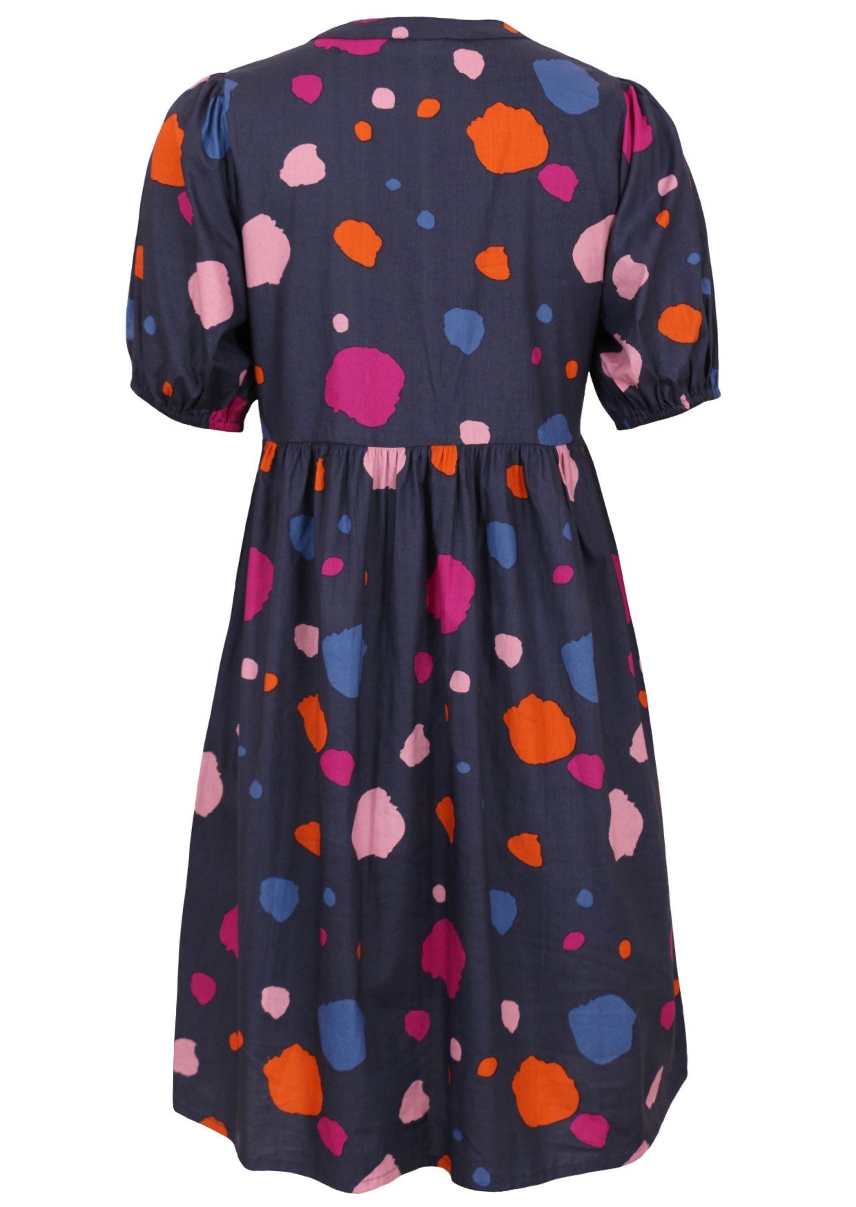 Back image of navy blue spotty print cotton dress with elbow length sleeves.