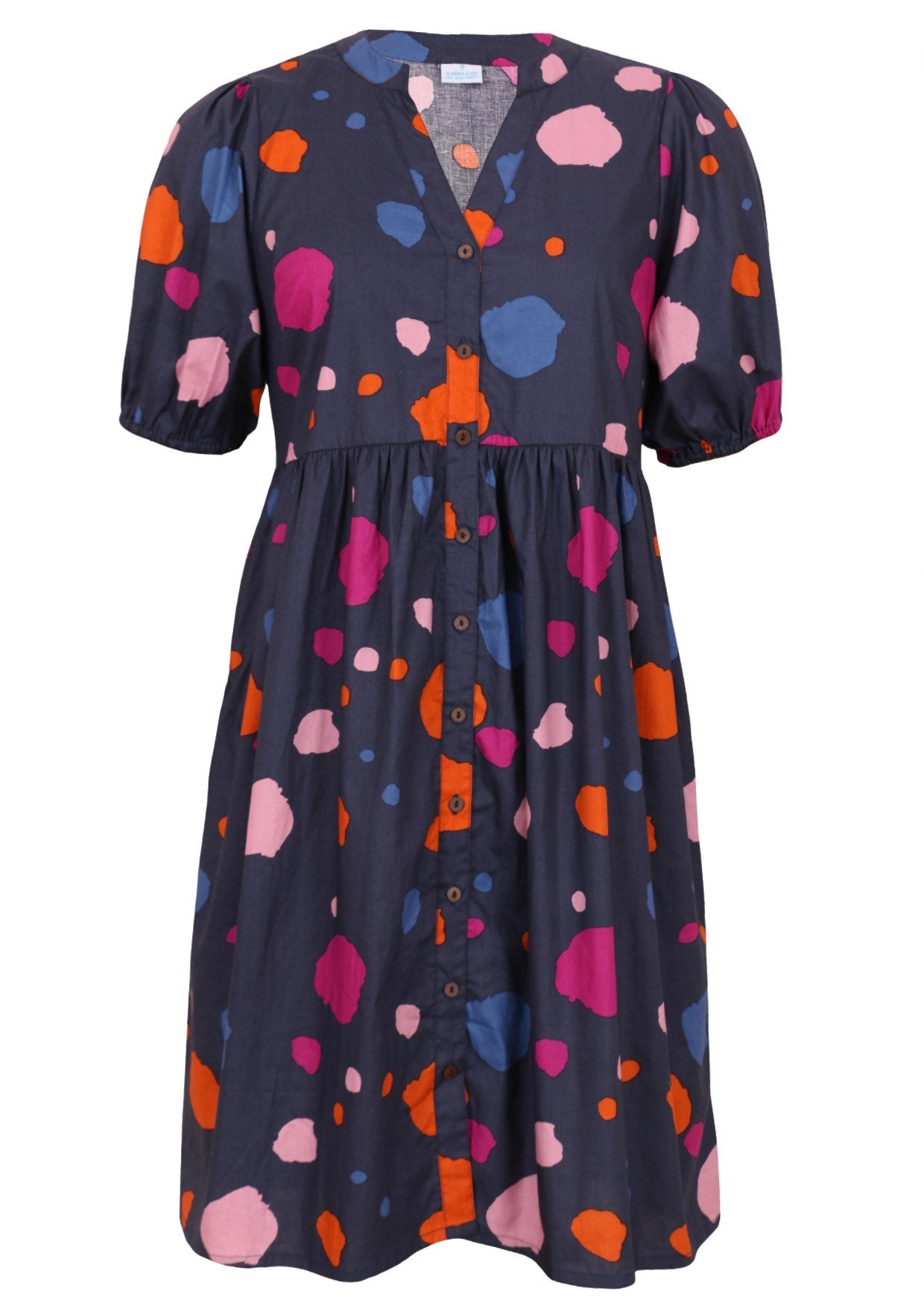 100% cotton knee length, button through   dress with V neckline and cuffed elastic sleeves.